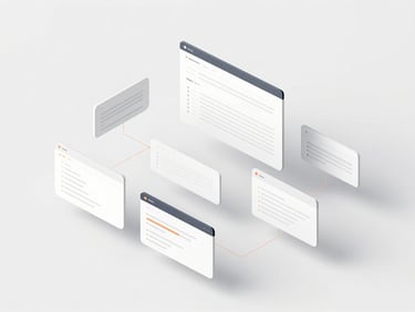 Minimalist top-down digital render of floating UI wireframes and connected vector motion paths, clean white and slate aesthetic with subtle orange highlights.