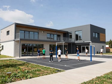Modern outdoor sports facility in Guadarrama with local youth training on a bright sunny day, natural lighting, 35mm lens