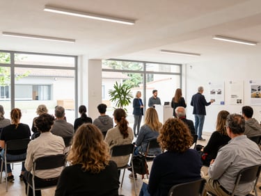Interior of a bright cultural center in Guadarrama with local citizens attending an exhibition, soft natural light, 35mm lens