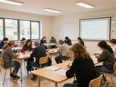 A bright, spacious community classroom in Guadarrama with local residents engaged in a collaborative workshop, warm natural light.