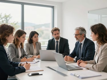 A group of professional local representatives collaborating in a bright, modern municipal office in Guadarrama, natural daylight, 35mm lens