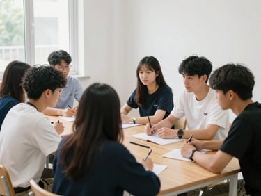 Group of active young people collaborating around a wooden table in a bright community center, natural daylight, 35mm lens