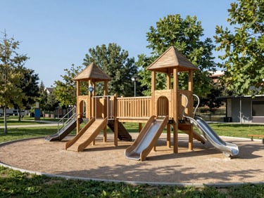 A modern, bright public park in Guadarrama with wooden play structures, surrounded by green trees under a clear blue sky, morning light.