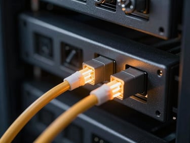 Sleek corporate technology photography, macro close-up of optical fiber cables glowing with golden orange light in a dark server rack, clean architectural lines, 35mm