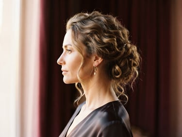 Elegant side profile of a woman with her hair styled in a loose, sophisticated updo, soft golden-hour window light, rich maroon background, shallow depth of field