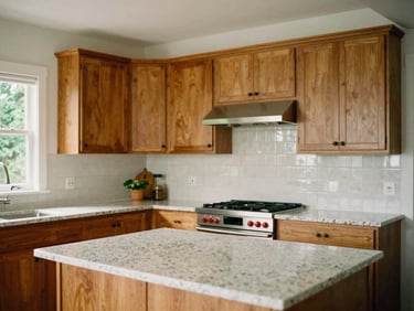 A modern craftsman kitchen with warm wood cabinets, quartz countertops, and clean tile backsplash in natural light, 35mm film