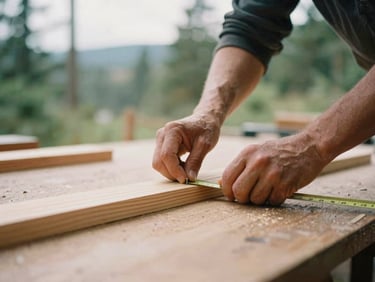 Close-up of a carpenter's hands measuring a cedar wood plank on a workbench, soft natural daylight, 35mm film