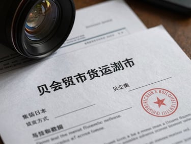 Close-up of physical international trade finance documents, official embossed seals, heavy paper texture, dramatic low-key executive lighting.