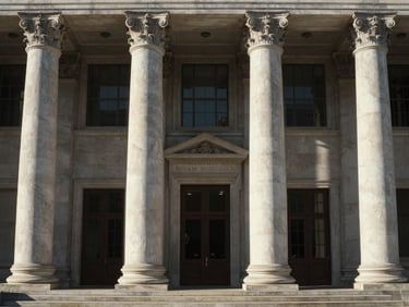 Symmetric architectural view of a sovereign financial institution facade, crisp morning light, heavy stone pillars, formal composition.