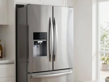 A clean modern stainless steel French-door refrigerator with a built-in ice maker, bright natural light, clean kitchen setting.