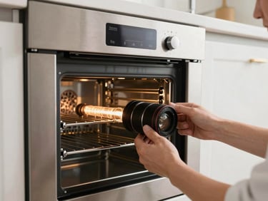 A technician calibrating the heating element inside a modern wall oven, bright natural kitchen lighting