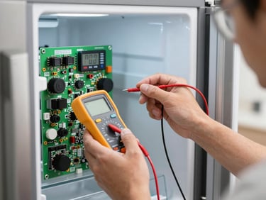 Close-up of a technician testing the digital control board of a modern French door refrigerator with a multimeter