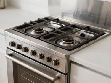 A modern slide-in gas range and oven with cast iron grates, clean stainless steel finish, bright kitchen lighting.