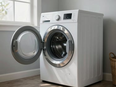 A front-loading washer and dryer set stacked neatly in a bright, organized laundry room, natural window light.