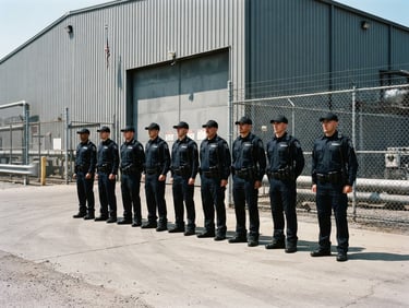 A disciplined lineup of uniformed security guards standing at attention outside an industrial warehouse gate, sharp daylight, high contrast, 35mm lens