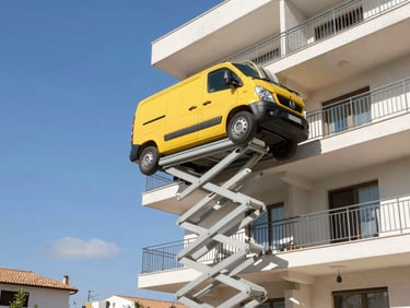 A modern yellow mobile furniture lift extended up to a high-floor balcony of a modern apartment building, bright Mediterranean sun, clean vehicle profile, sharp focus