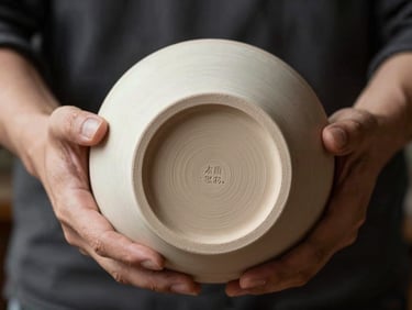 Hands holding a raw, unboxed ceramic vessel under harsh studio light, showing the unglazed bottom and manufacturer stamp.