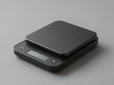 Eye-level profile of a minimalist digital coffee scale, neutral gray background.