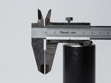 Dead-on eye-level profile of a mechanical caliper measuring a matte black metal cylinder, stark studio lighting, neutral light gray background, high-contrast.