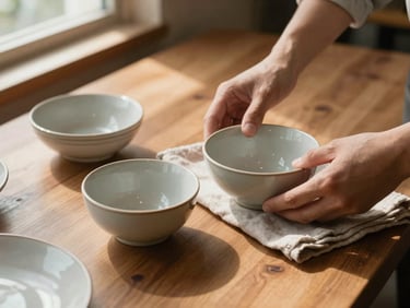 Close-up overhead shot of a wooden restaurant table during prep, hands placing ceramic bowls beside a linen cloth, natural north-facing window light casting soft shadows, no customers visible