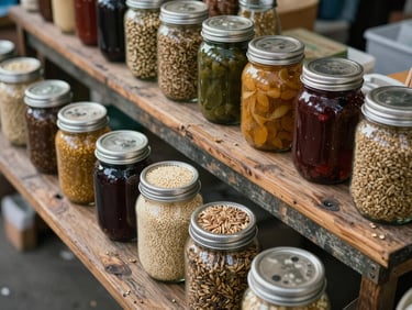 Overhead study of a market display counter, glass jars of preserved goods and loose grains arranged on a worn wooden shelf, soft diffused daylight, no people
