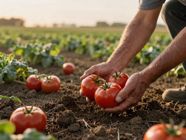 Wide environmental shot of a vegetable field at golden hour, a farmer's hands lifting freshly harvested tomatoes from dark soil, shallow depth of field, warm low light