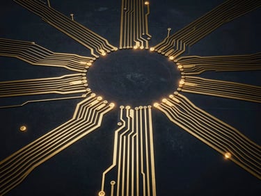 Wide panoramic overhead of interlocking golden circuit pathways on a deep navy-black surface, closed-loop geometric system with no open ends, moody studio lighting with accent glow at junction nodes, high contrast, no human elements