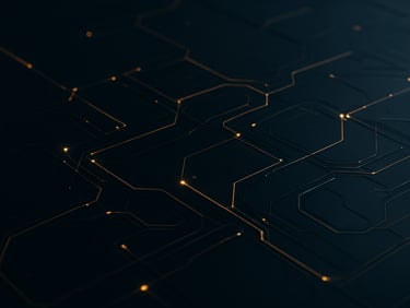 Wide environmental shot of a dark futuristic dashboard interface rendered as abstract geometry — glowing golden data-flow lines on a deep navy-black surface, node clusters at intersections, moody studio lighting, no human subjects, no readable text.