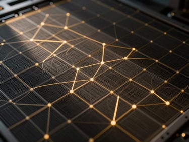Wide macro shot of a precision-engineered dark mechanical grid with fine golden data-flow lines threading through its geometry, dramatic side-lighting casting deep shadows, constellation-like node clusters at decision intersections, no text or human subjects