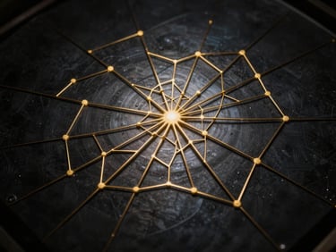 Wide overhead macro shot of a fractured golden geometric lattice on a near-black steel surface, side-lit with surgical precision, fine lines of light tracing network nodes converging toward a central point, moody and controlled, no text