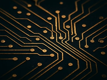 Macro close-up of a dark circuit board surface with golden trace lines forming a constellation-like network, deep navy background, high-contrast side lighting revealing micro-texture of copper nodes, no text, no human subjects.