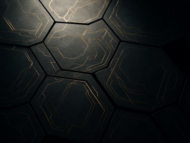 Wide overhead geometric composition — a fractured hexagonal grid of dark steel panels, fine golden circuitry lines threading between them, deep shadow filling the voids, single accent light from upper-left casting a surgical glow across the surface. No human subjects, no text.