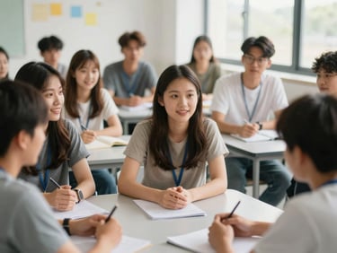 Medium shot of pre-media students engaged in a group discussion in a modern classroom, diverse students, focused expressions, natural daylight, shallow depth of field.