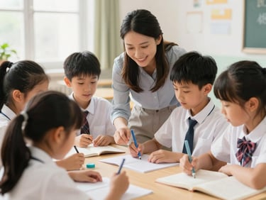 Candid moment of primary school students collaborating on a science project in a well-lit classroom, a teacher guiding them with a warm smile, natural daylight.