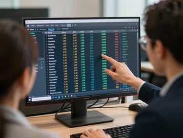 Over-the-shoulder view of a finance professional reviewing a dashboard on a large monitor, colleague seated beside them pointing at a specific data row, soft office ambient light