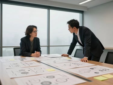 Wide-angle view of a meeting room mid-conversation, two people leaning over a table covered in printed diagrams and sticky notes, diffuse daylight through frosted glass partition