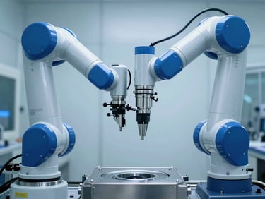 Automated robotic arm operating inside a sterile cleanroom environment, sharp metallic surfaces, clinical blue highlights, 35mm