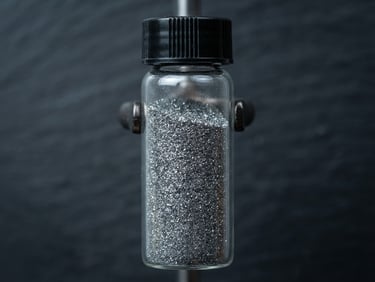 Macro studio shot of high-purity titanium powder in a sealed glass vial, cool clinical lighting, sharp metallic reflections, dark slate background.
