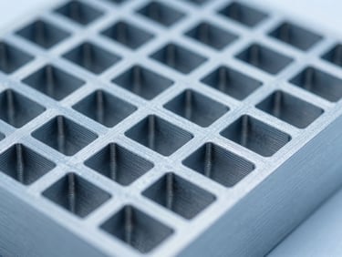 Macro shot of a 3D-printed metal lattice structure, sharp metallic highlights, cool clinical blue tones, 35mm