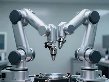 Automated robotic arm operating in a cleanroom environment, high-contrast metallic surfaces, sharp focus, 35mm