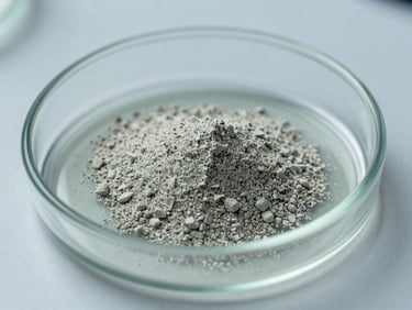 Clinical close-up of rare earth oxide powder in a glass petri dish, sterile laboratory setting, cool lighting, 35mm