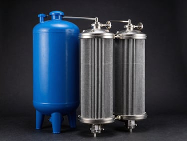 Heavy-duty blue water filtration tank and steel filter housings, clean industrial design, dramatic studio lighting.