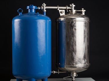 Clean studio shot of a heavy-duty blue water filtration tank and stainless steel filter housing, high-contrast lighting, reflective metallic surfaces