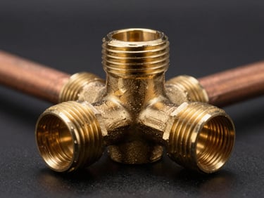 Premium brass plumbing fixtures and threaded copper pipes, metallic golden glow, dark background, macro texture.