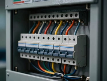 Close-up of an open industrial electrical control panel with neatly arranged colored wires, circuit breakers, and terminals, sharp focus