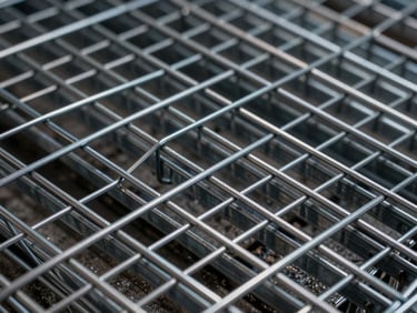 Close-up of industrial galvanized steel wire mesh, clean geometric grid pattern, metallic texture with high-contrast sharp focus