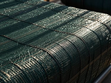 Tight shot of high-density green and brown woven shade net, showing detailed texture of the UV-resistant fibers, outdoor sunlight filtering through