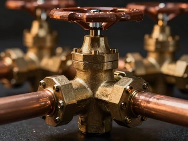 Macro shot of industrial brass valves and copper pipes connected together, polished metallic surface with dramatic warm side lighting