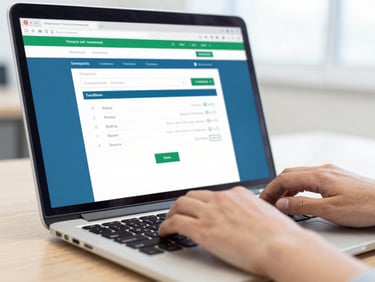 Close-up of hands securely typing on a laptop, displaying a secure billing portal interface, bright office lighting, blue and green tones, sharp focus, modern corporate.