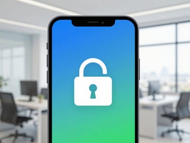 Close-up of a smartphone displaying a secure lock icon, with a blurred background of a modern office, bright daylight, blue and green tones, sharp focus, modern corporate.